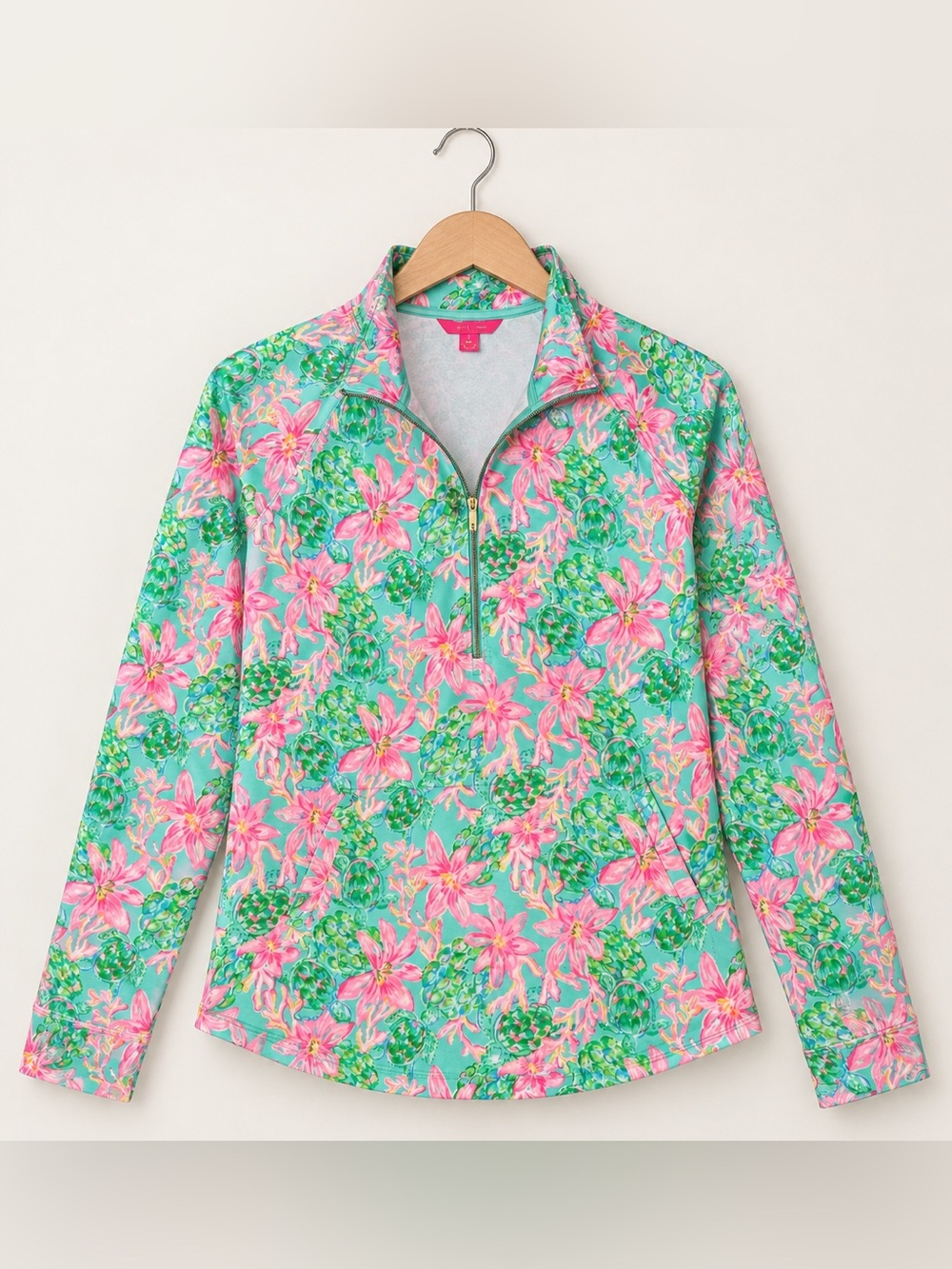 Lilly Pulitzer Pink Floral Quarter-Zip Pullover on Green